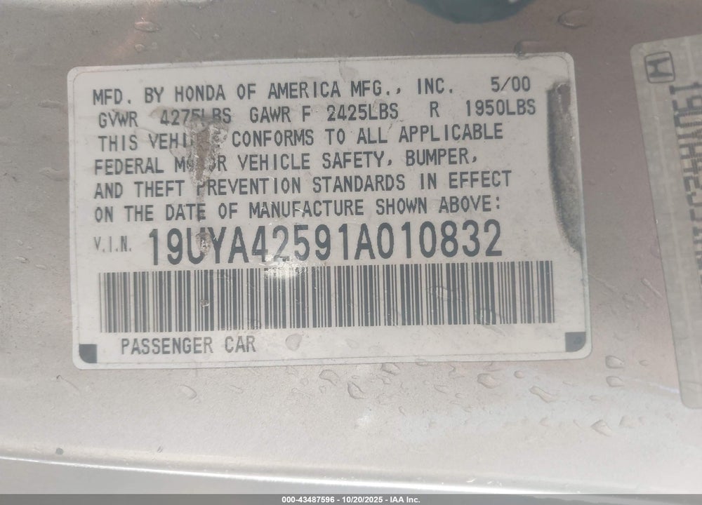 2001 ACURA CL VIN: 19UYA42591A010832