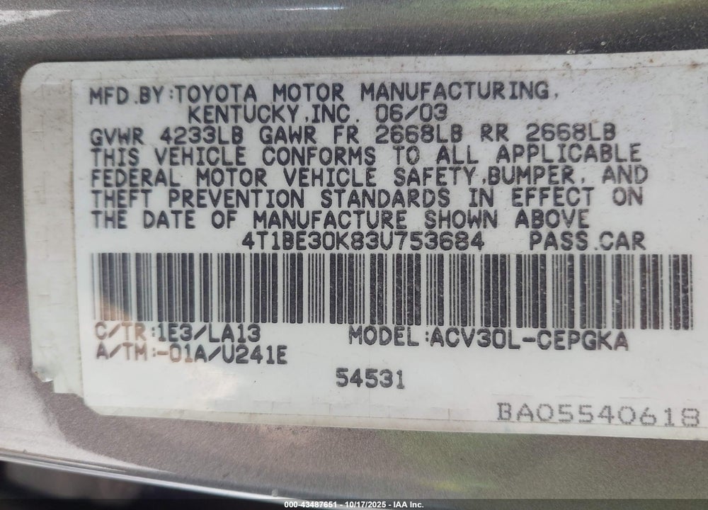 2003 TOYOTA CAMRY XLE VIN: 4T1BE30K83U753684