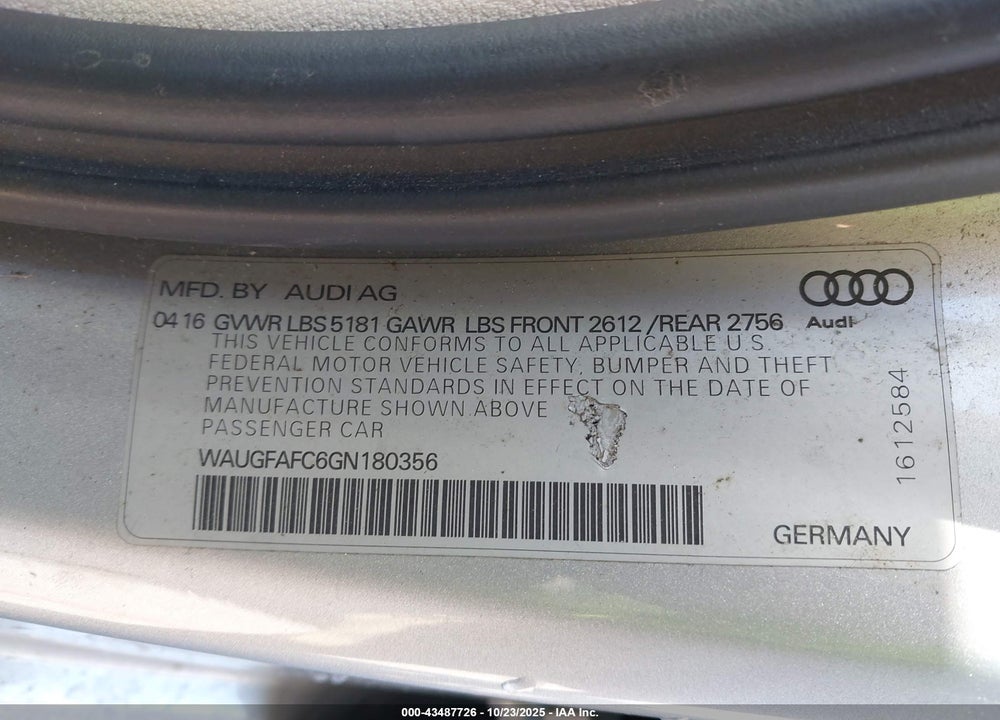 2016 AUDI A6 2.0T PREMIUM PLUS VIN: WAUGFAFC6GN180356