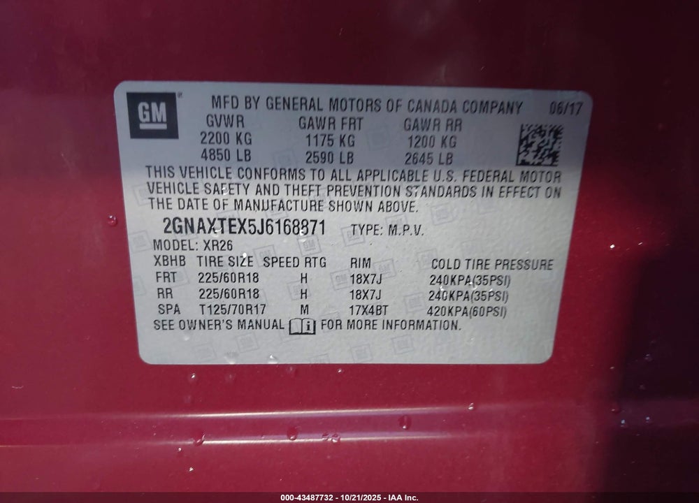2018 CHEVROLET EQUINOX VIN: 2GNAXTEX5J6168871