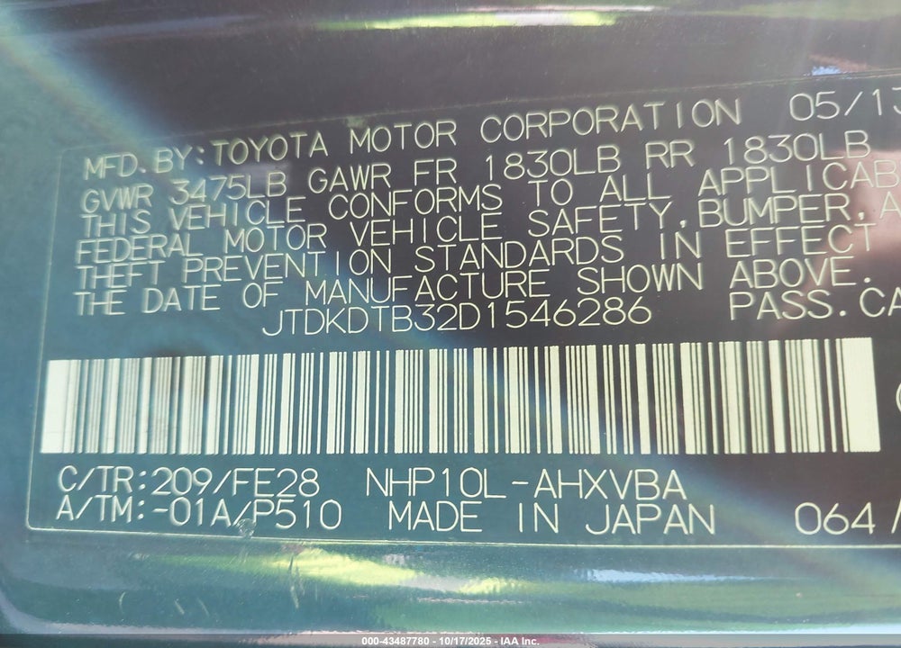 2013 TOYOTA PRIUS C ONE VIN: JTDKDTB32D1546286