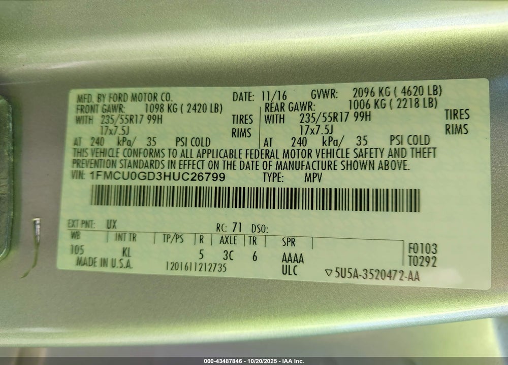 2017 FORD ESCAPE SE VIN: 1FMCU0GD3HUC26799