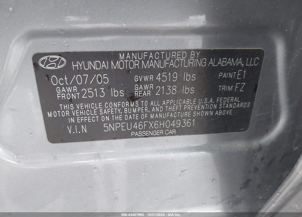 2006 HYUNDAI SONATA VIN: 5NPEU46FX6H049361