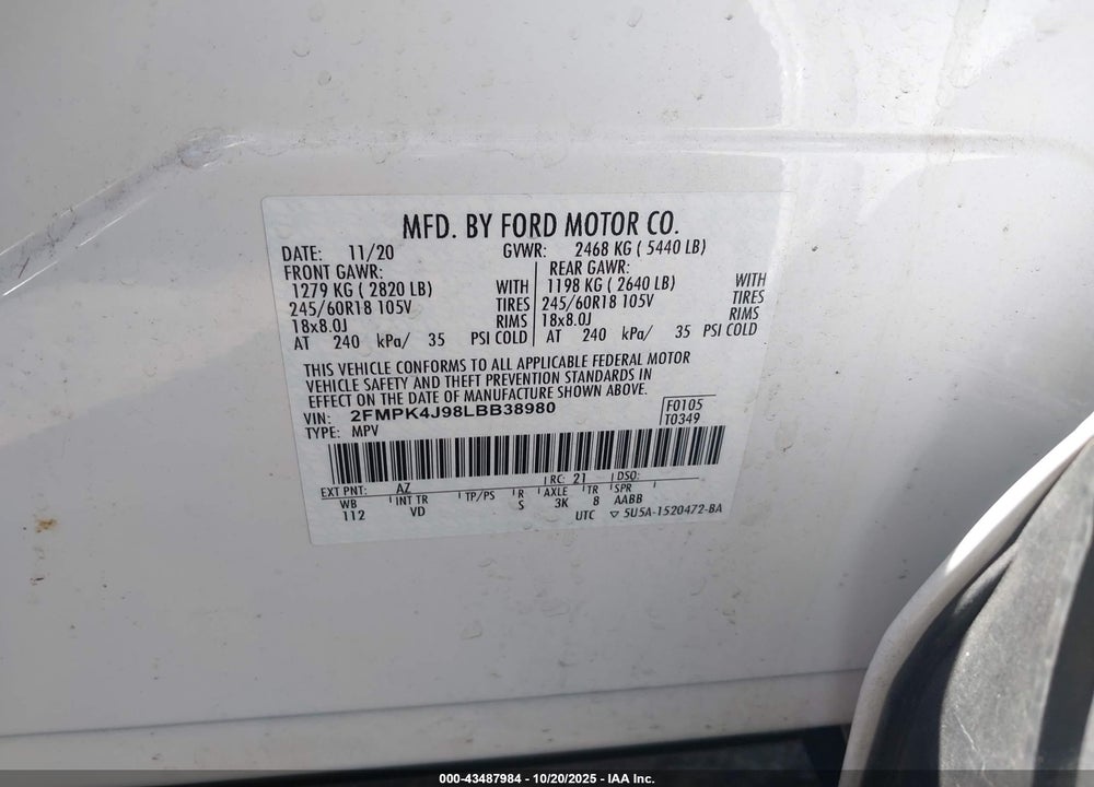 2020 FORD EDGE VIN: 2FMPK4J98LBB38980