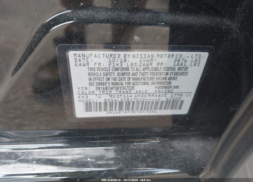 2019 NISSAN SENTRA SV VIN: 3N1AB7AP3KY247026