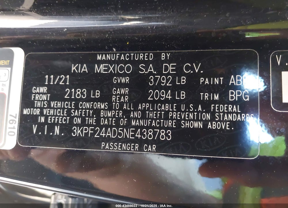 2022 KIA FORTE VIN: 3KPF24AD5NE438783