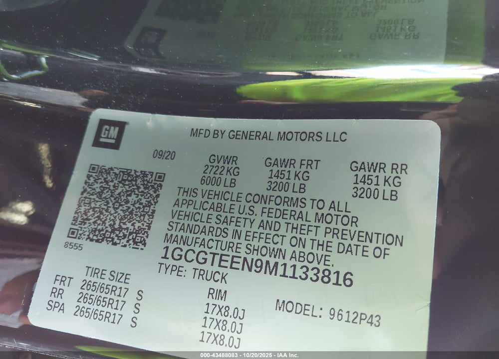 2021 CHEVROLET COLORADO VIN: 1GCGTEEN9M1133816
