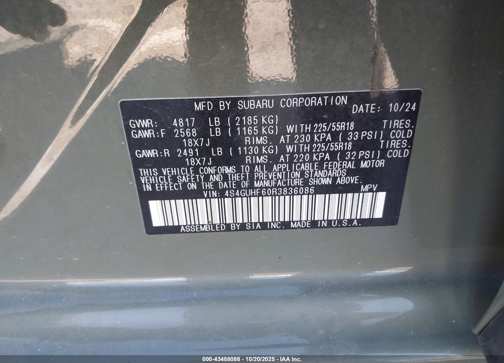 2024 SUBARU CROSSTREK SPORT VIN: 4S4GUHF60R3836086