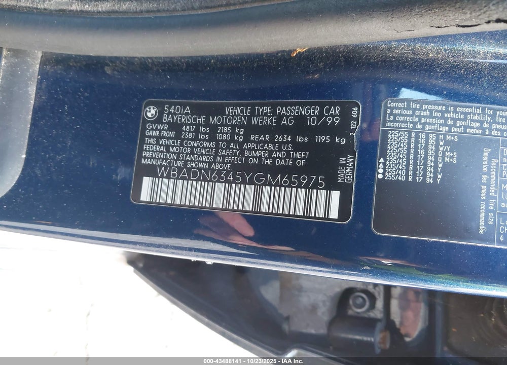 2000 BMW 540IA VIN: WBADN6345YGM65975