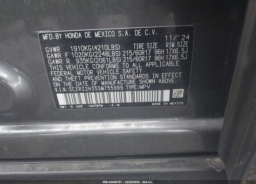 2025 HONDA HR-V VIN: 3CZRZ2H35SM755999