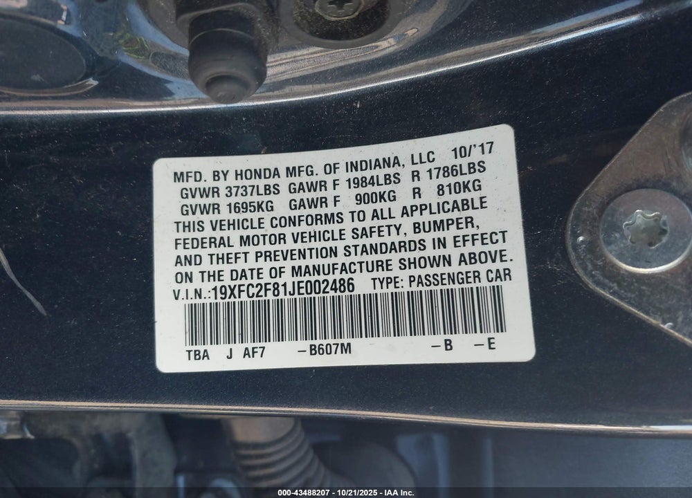 2018 HONDA CIVIC VIN: 19XFC2F81JE002486