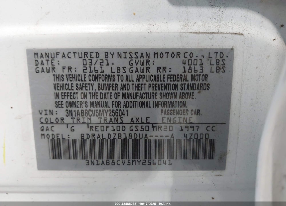 2021 NISSAN SENTRA SV XTRONIC CVT VIN: 3N1AB8CV5MY256041