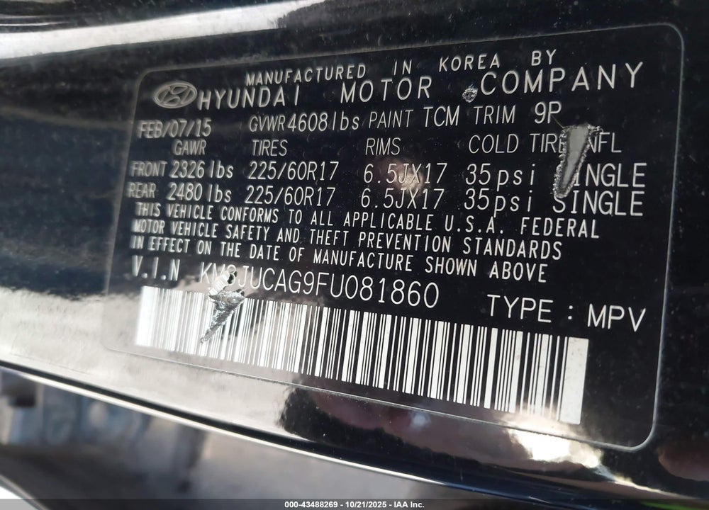 2015 HYUNDAI TUCSON SE VIN: KM8JUCAG9FU081860