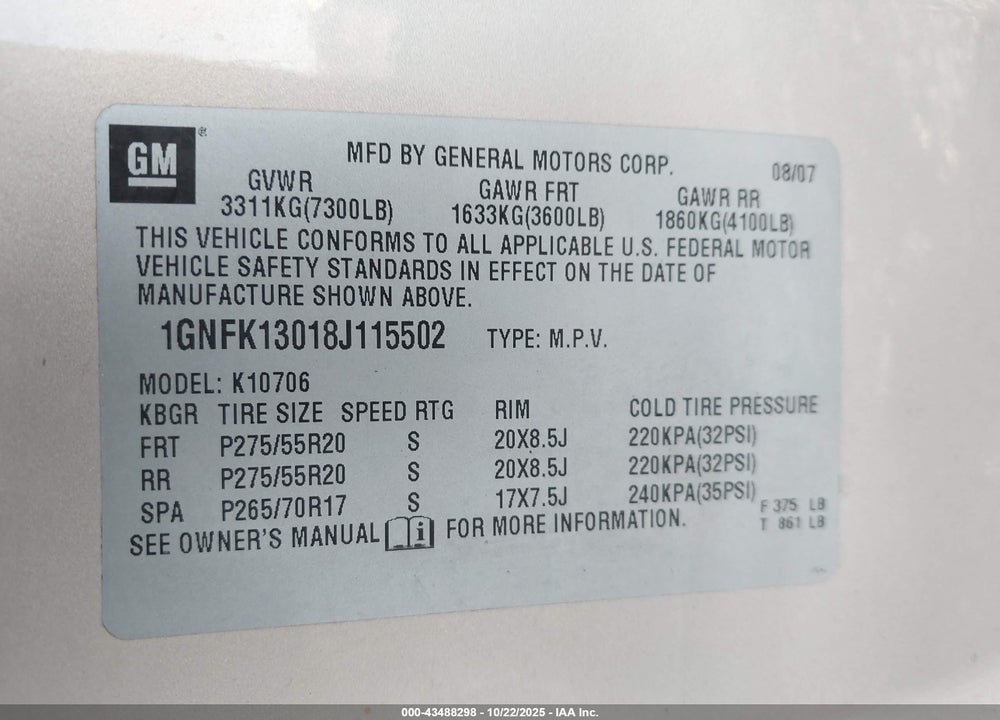2008 CHEVROLET TAHOE LT VIN: 1GNFK13018J115502