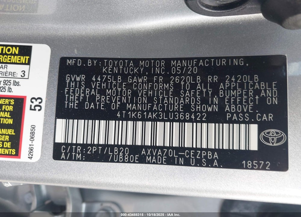 2020 TOYOTA CAMRY XSE VIN: 4T1K61AK3LU368422