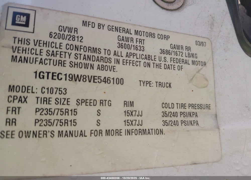 1997 GMC SIERRA 1500 VIN: 1GTEC19W8VE546100