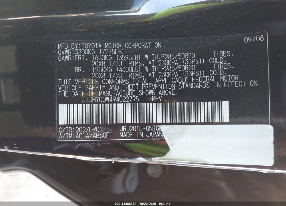 2009 LEXUS LX 570 VIN: JTJHY00W494022795