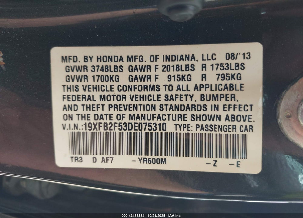 2013 HONDA CIVIC VIN: 19XFB2F53DE075310