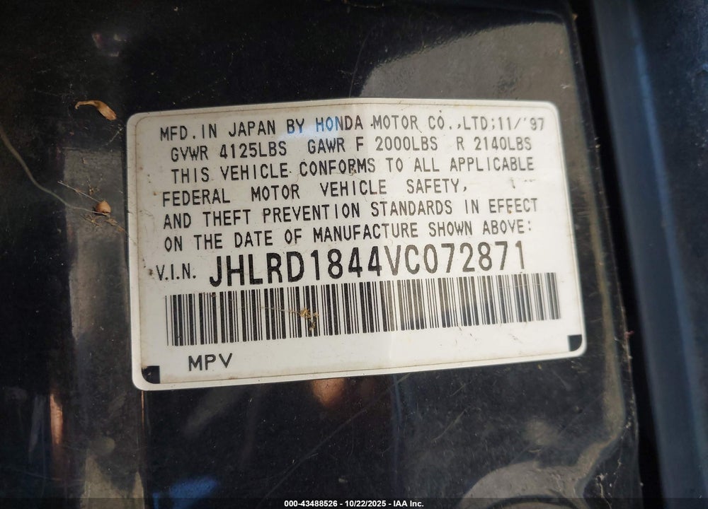 1997 HONDA CR-V VIN: JHLRD1844VC072871