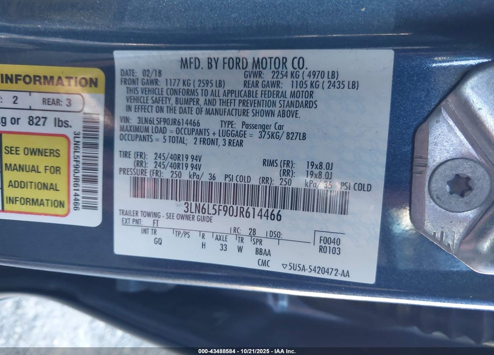 2018 LINCOLN MKZ RESERVE VIN: 3LN6L5F90JR614466