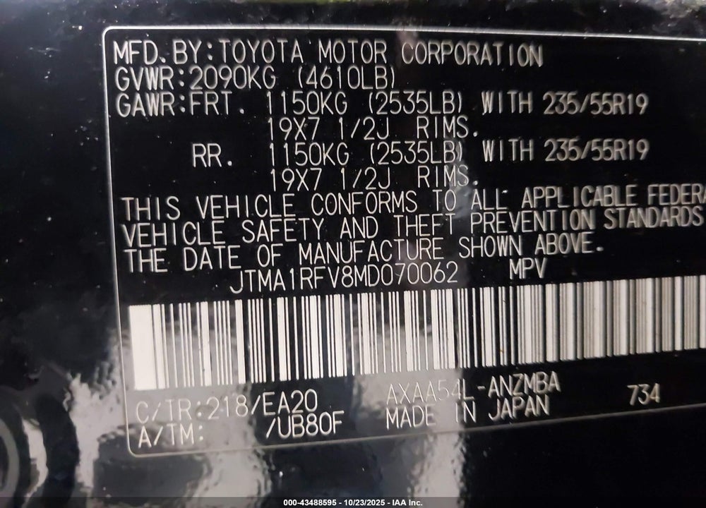 2021 TOYOTA RAV4 VIN: JTMA1RFV8MD070062