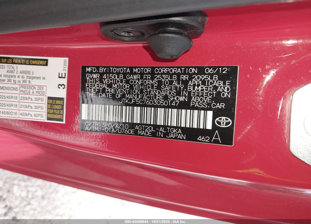 2013 SCION TC VIN: JTKJF5C76D3050147