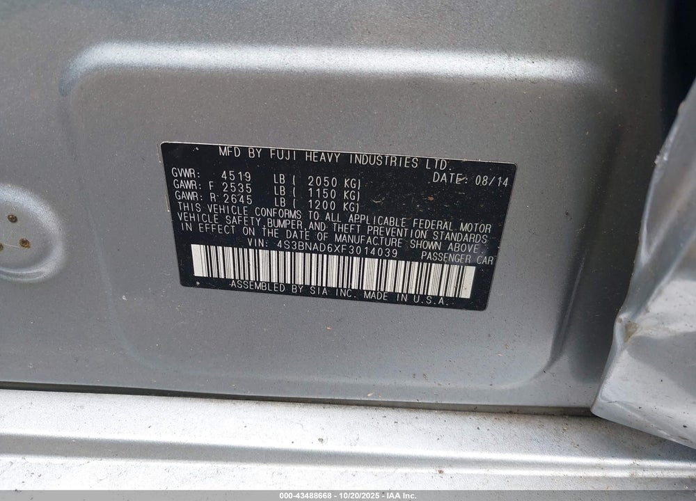 2015 SUBARU LEGACY 2.5I PREMIUM VIN: 4S3BNAD6XF3014039