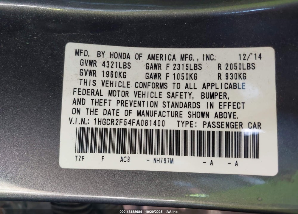 2015 HONDA ACCORD SPORT VIN: 1HGCR2F54FA081400
