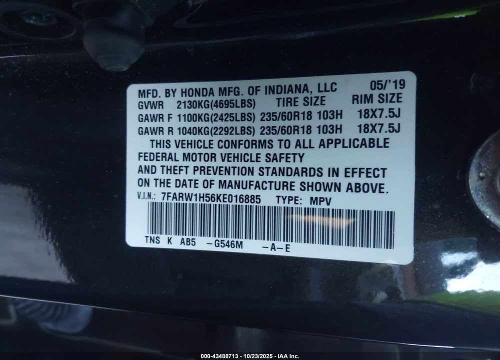 2019 HONDA CR-V VIN: 7FARW1H56KE016885
