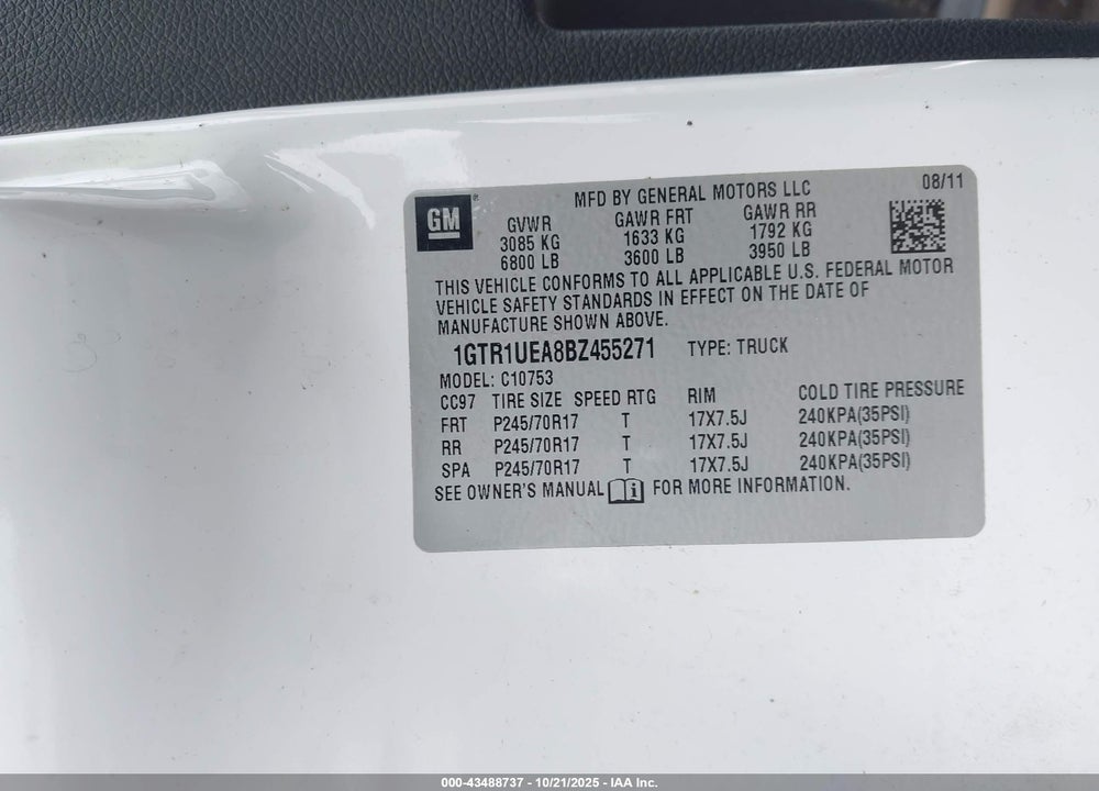 2011 GMC SIERRA 1500 VIN: 1GTR1UEA8BZ455271