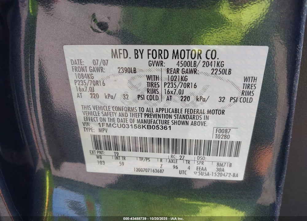 2008 FORD ESCAPE XLT VIN: 1FMCU03158KB05361