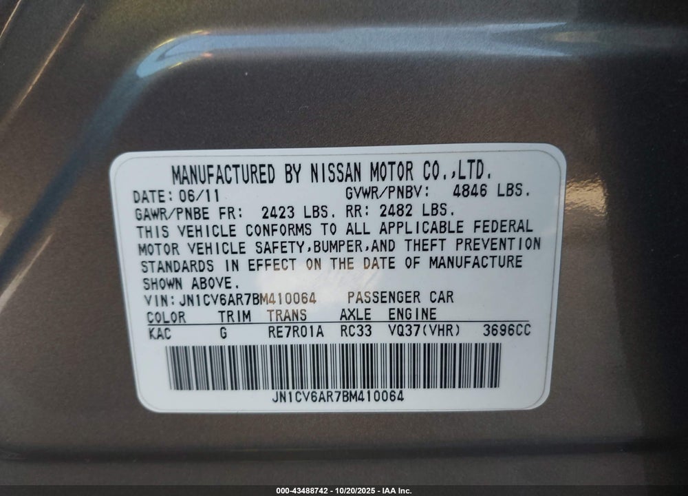 2011 INFINITI G37 VIN: JN1CV6AR7BM410064