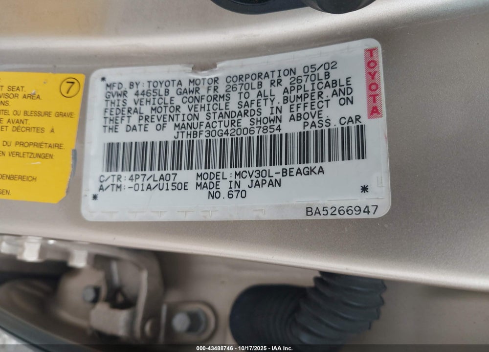 2002 LEXUS ES 300 VIN: JTHBF30G420067854