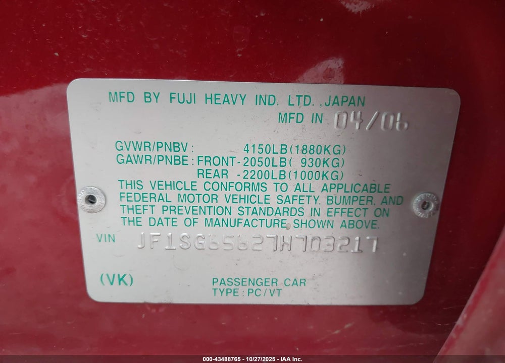 2007 SUBARU FORESTER VIN: JF1SG65627H703217