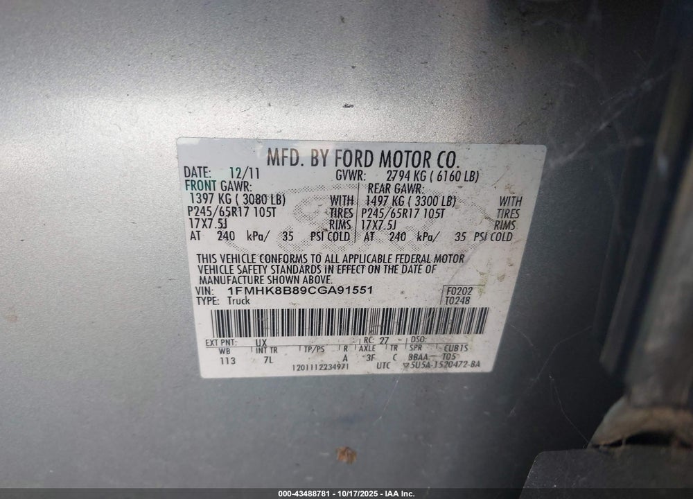 2012 FORD EXPLORER VIN: 1FMHK8B89CGA91551
