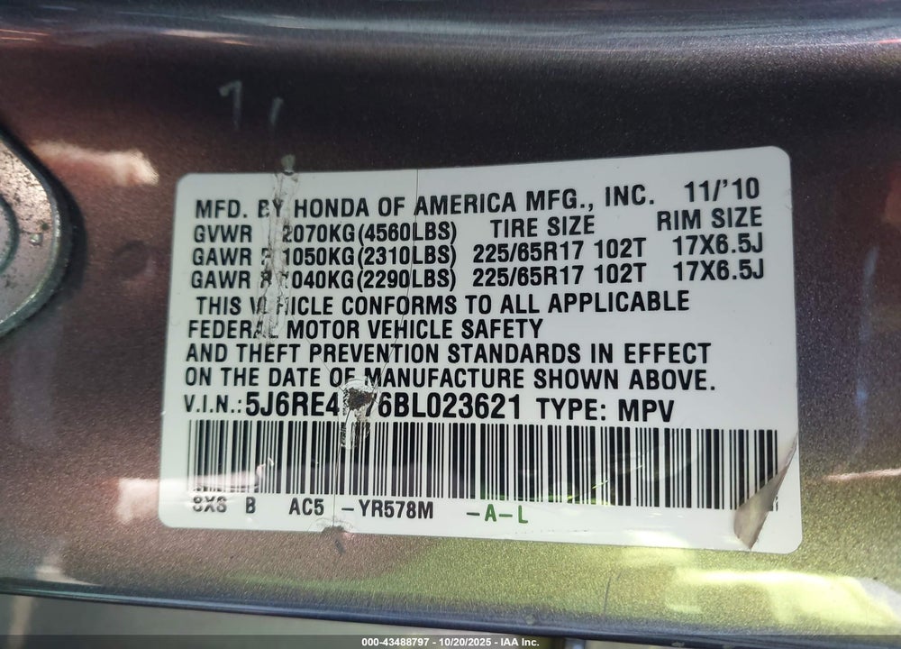 2011 HONDA CR-V EX-L VIN: 5J6RE4H76BL023621