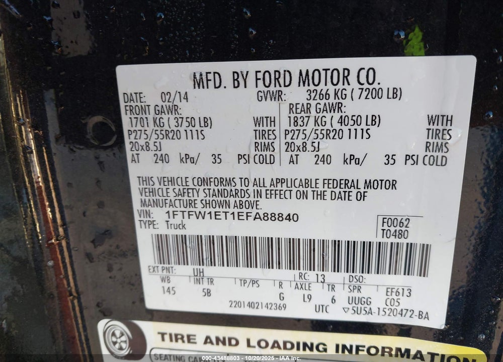 2014 FORD F-150 FX4 VIN: 1FTFW1ET1EFA88840