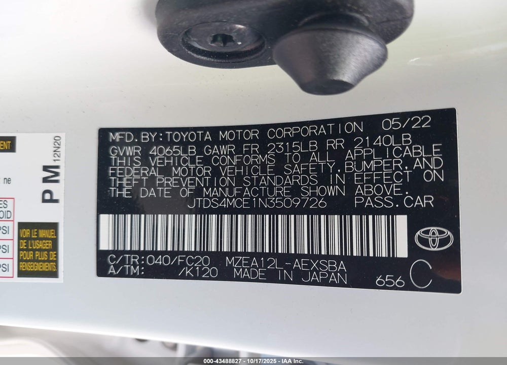 2022 TOYOTA COROLLA VIN: JTDS4MCE1N3509726