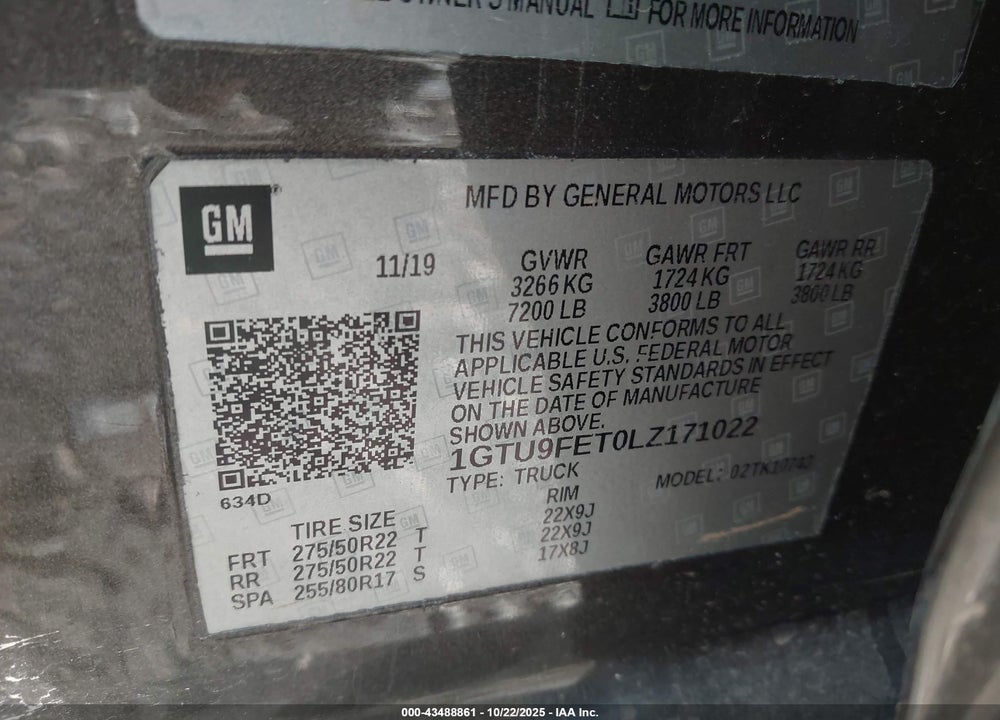 2020 GMC SIERRA 1500 4WD STANDARD BOX DENALI VIN: 1GTU9FET0LZ171022