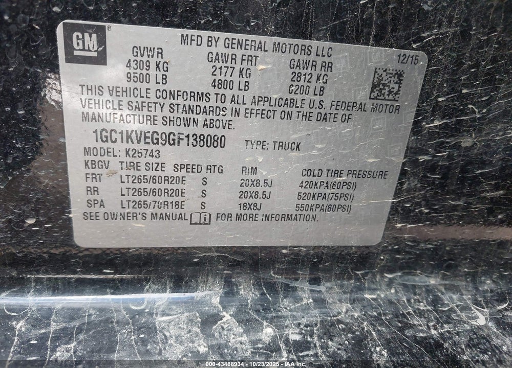 2016 CHEVROLET SILVERADO 2500HD LT VIN: 1GC1KVEG9GF138080