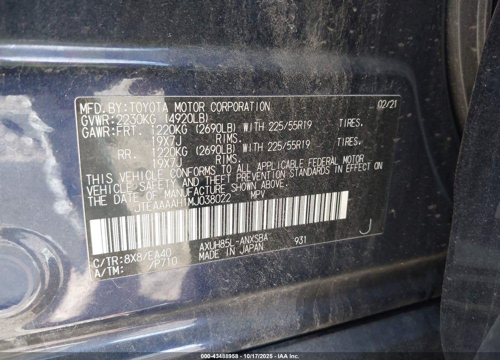 2021 TOYOTA VENZA LIMITED VIN: JTEAAAAH1MJ038022