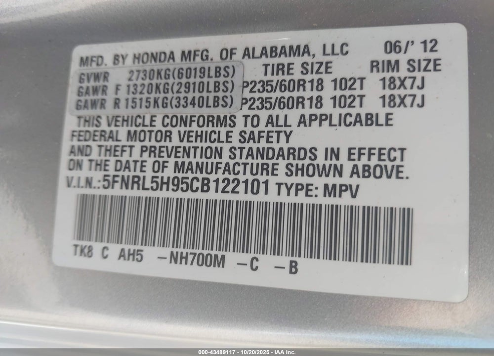 2012 HONDA ODYSSEY VIN: 5FNRL5H95CB122101