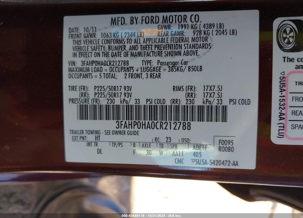 2012 FORD FUSION SE VIN: 3FAHP0HA0CR212788