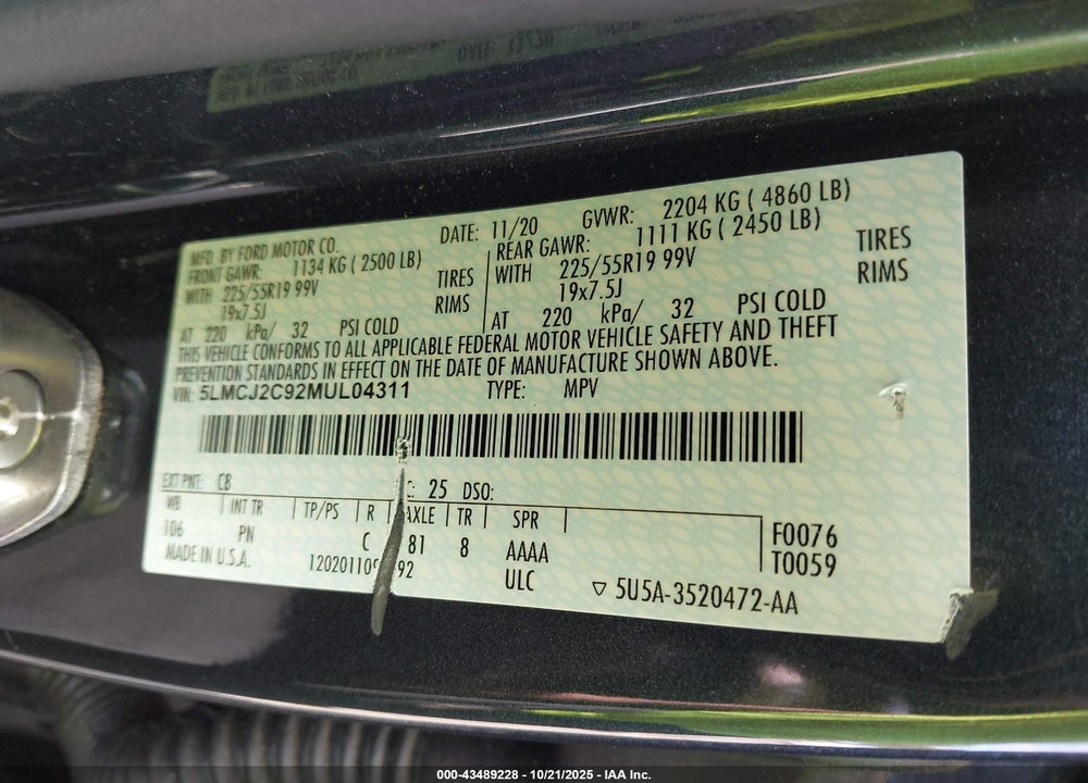 2021 LINCOLN CORSAIR VIN: 5LMCJ2C92MUL04311