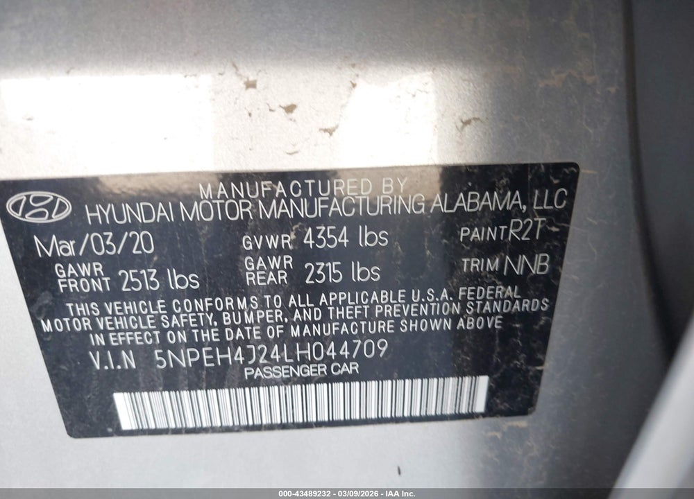 2020 HYUNDAI SONATA LIMITED VIN: 5NPEH4J24LH044709