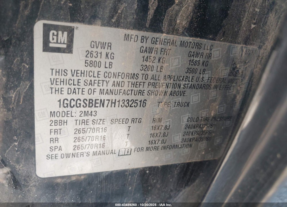 2017 CHEVROLET COLORADO VIN: 1GCGSBEN7H1332516