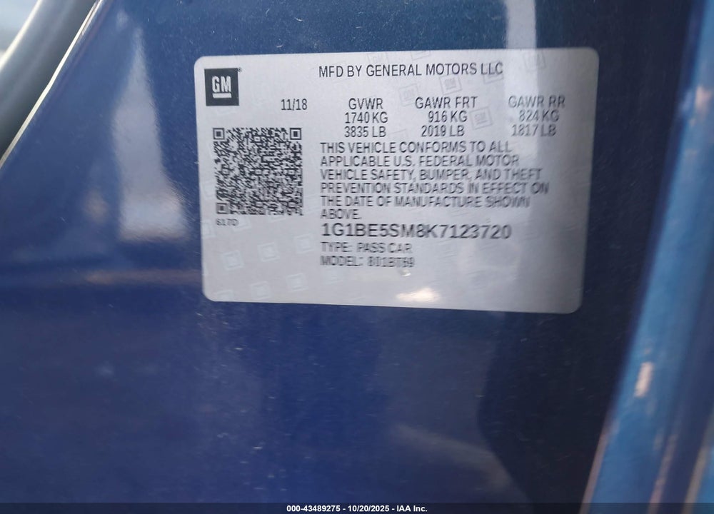 2019 CHEVROLET CRUZE LT VIN: 1G1BE5SM8K7123720