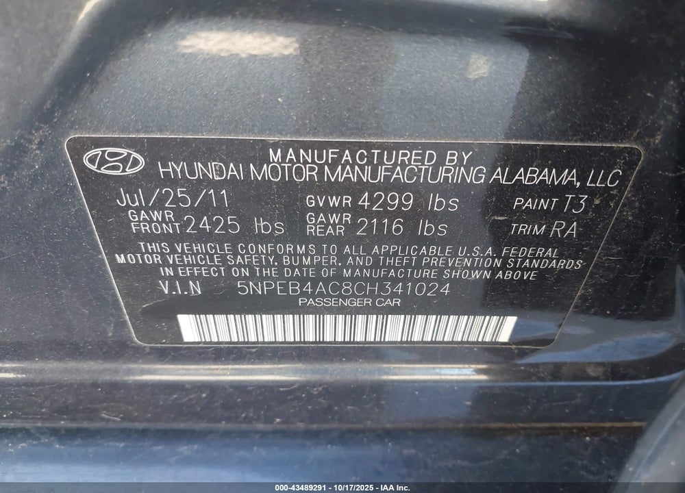 2012 HYUNDAI SONATA VIN: 5NPEB4AC8CH341024