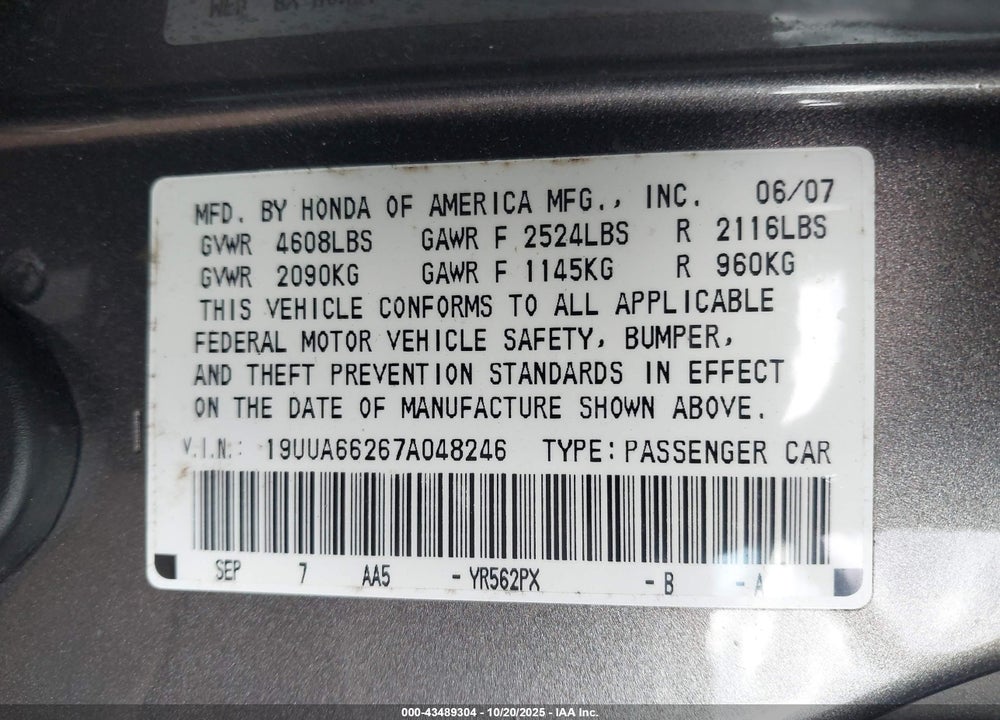 2007 ACURA TL VIN: 19UUA66267A048246
