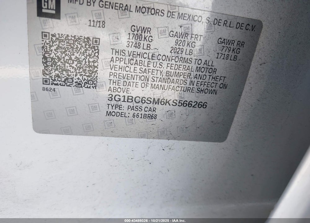 2019 CHEVROLET CRUZE VIN: 3G1BC6SM6KS566266